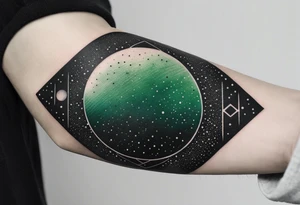 space, abstract, green and black, covered from wrist to forearm, fully covered, no borders, blackwork, no people tattoo idea