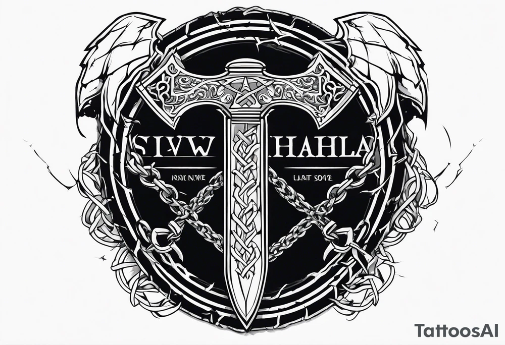 Valhalla sword shield axe barbed wire chains dark cloud lightning tattoo idea