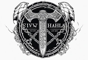 Valhalla sword shield axe barbed wire chains dark cloud lightning tattoo idea