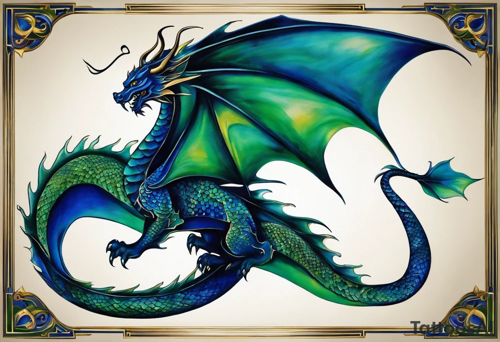 Surrealistic Tattoo: An epic with no wings, floating. Its long body coiling dynamically, with scales and horns detailed to create a sense of movement and strength. The dragon's main color is midnight blue but features accents in green, blue, and gold, giving a vibrant depth and a mystical aura. This tattoo highlights the dragon’s fierce expression and sharp claws as it wraps protectively around the leg. Style: Surrealism tattoo idea