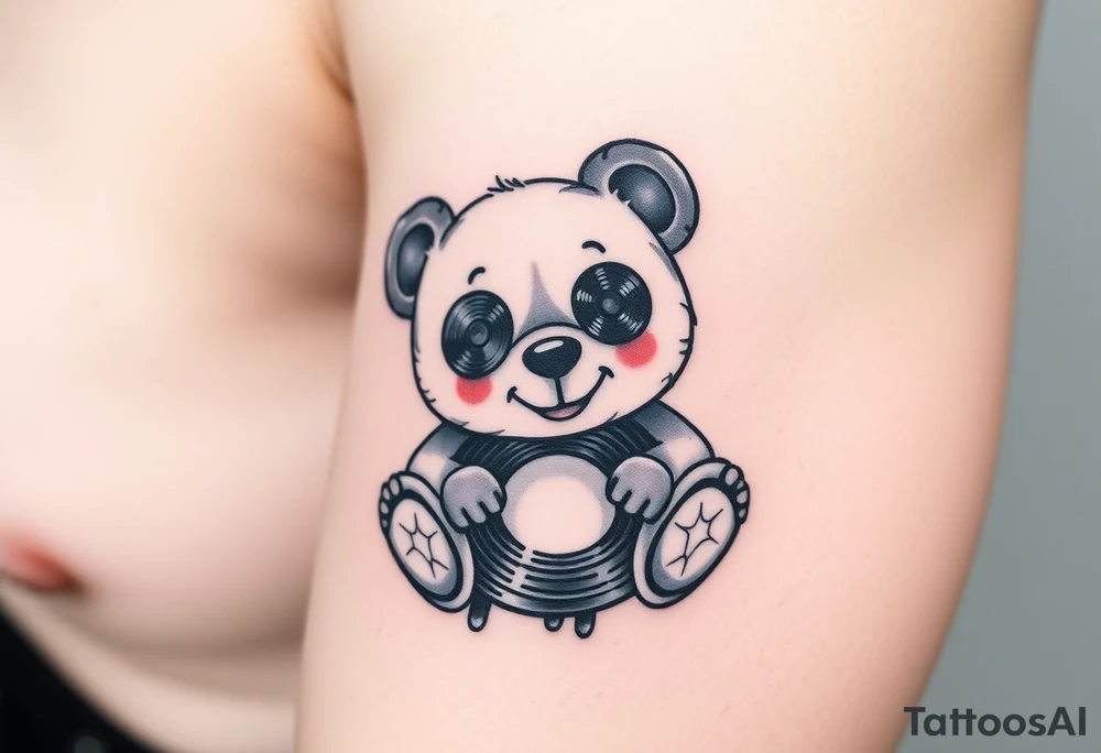 minimalist teddy bear with vinyl records as eyes smiling and sitting on a record tattoo idea