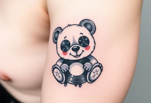 minimalist teddy bear with vinyl records as eyes smiling and sitting on a record tattoo idea