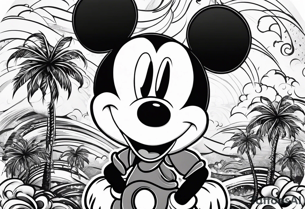 mickey mouse in a lightning storm with palm trees and the celtic symbol for family tattoo idea