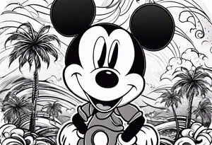 mickey mouse in a lightning storm with palm trees and the celtic symbol for family tattoo idea