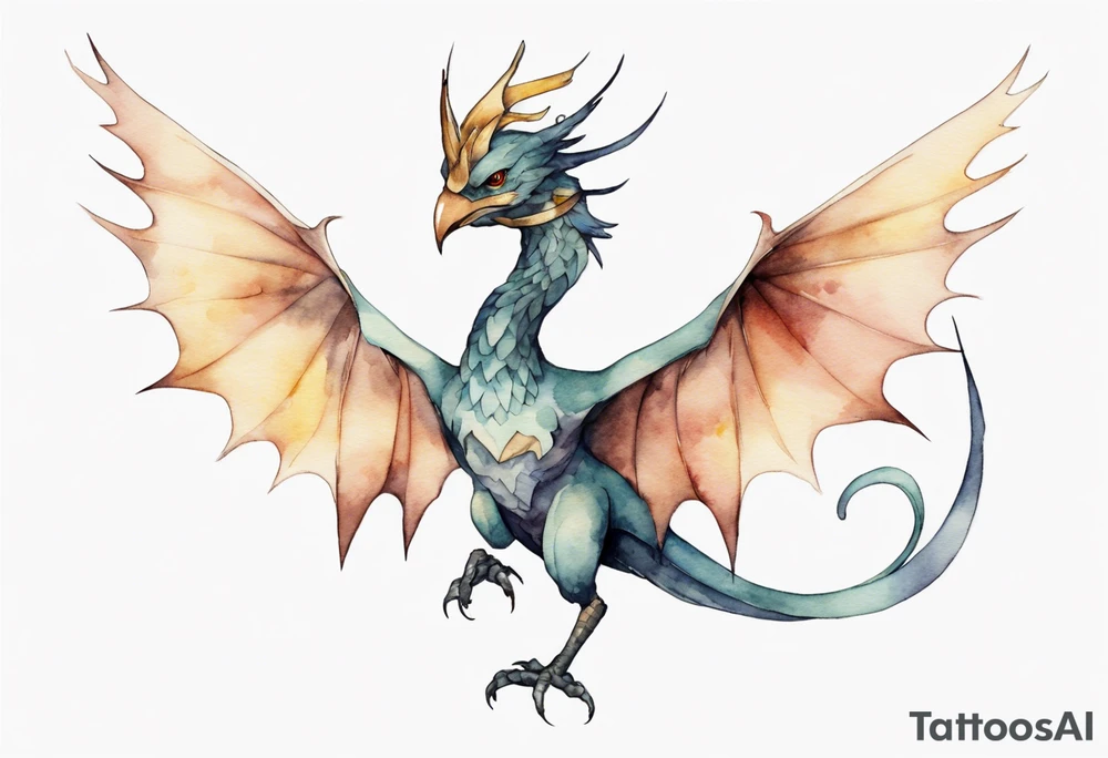 a watercolor of a bird-wyvern hybrid wearing a minimalist crown, flying tattoo idea