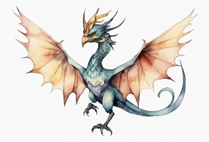 a watercolor of a bird-wyvern hybrid wearing a minimalist crown, flying tattoo idea
