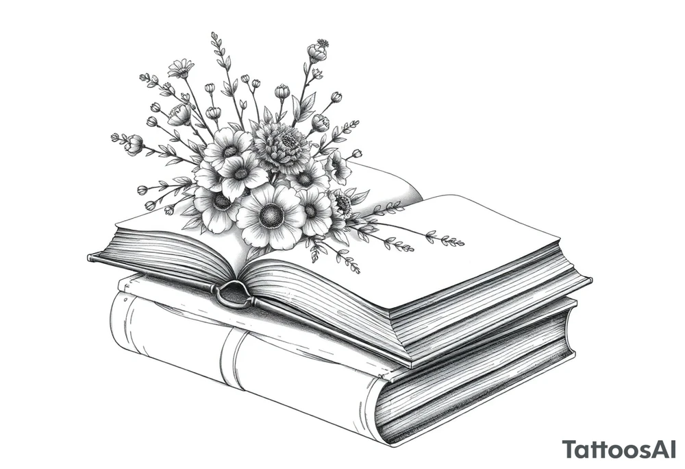stack of 3 vintage books top book open with bouquet of different kinds of wild 
flowers coming out of it tattoo idea