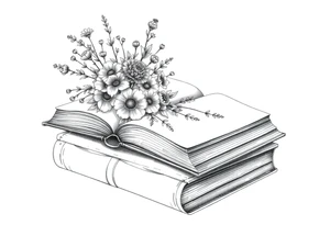 stack of 3 vintage books top book open with bouquet of different kinds of wild 
flowers coming out of it tattoo idea
