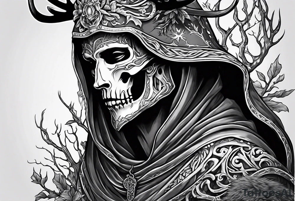 Hooded figure riding on a reindeer skeleton tattoo idea
