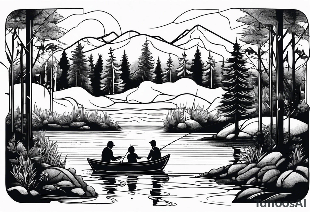 Father, son, and daughter fishing in a lake surrounded by trees. tattoo idea