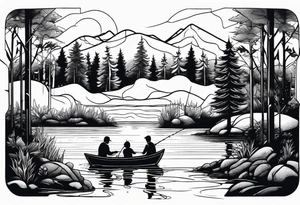 Father, son, and daughter fishing in a lake surrounded by trees. tattoo idea