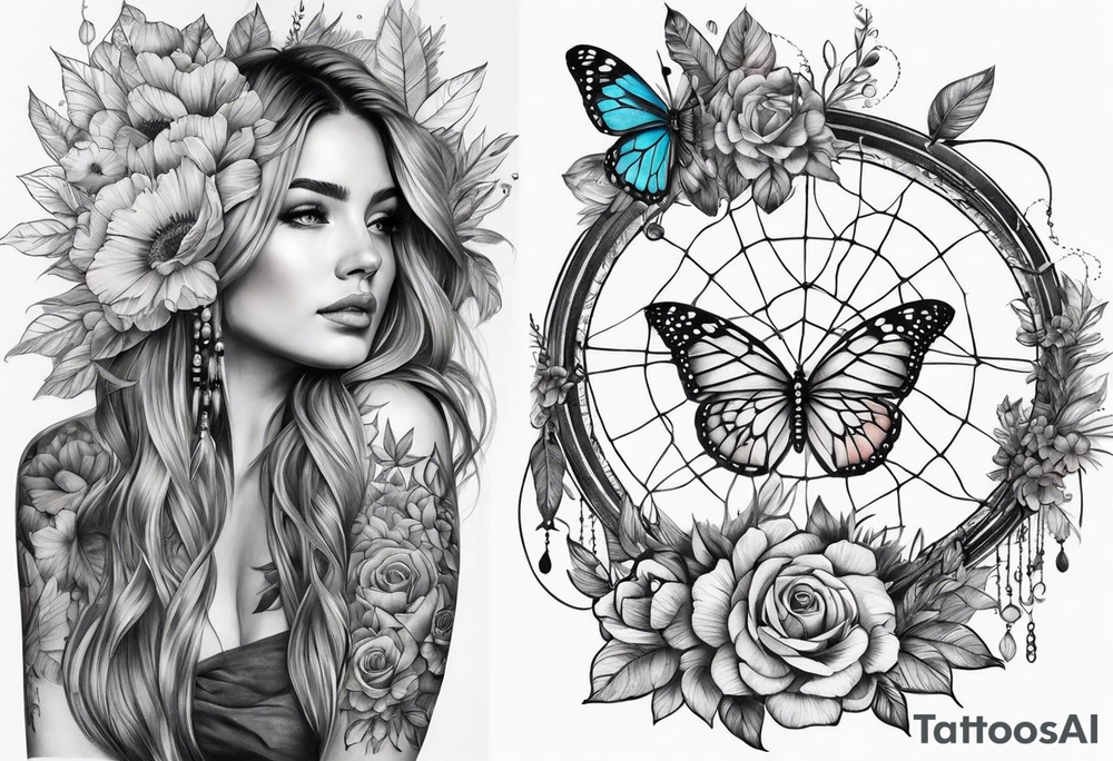 arm sleeve with dreamcatcher, rainbow flowers and one butterfly tattoo idea