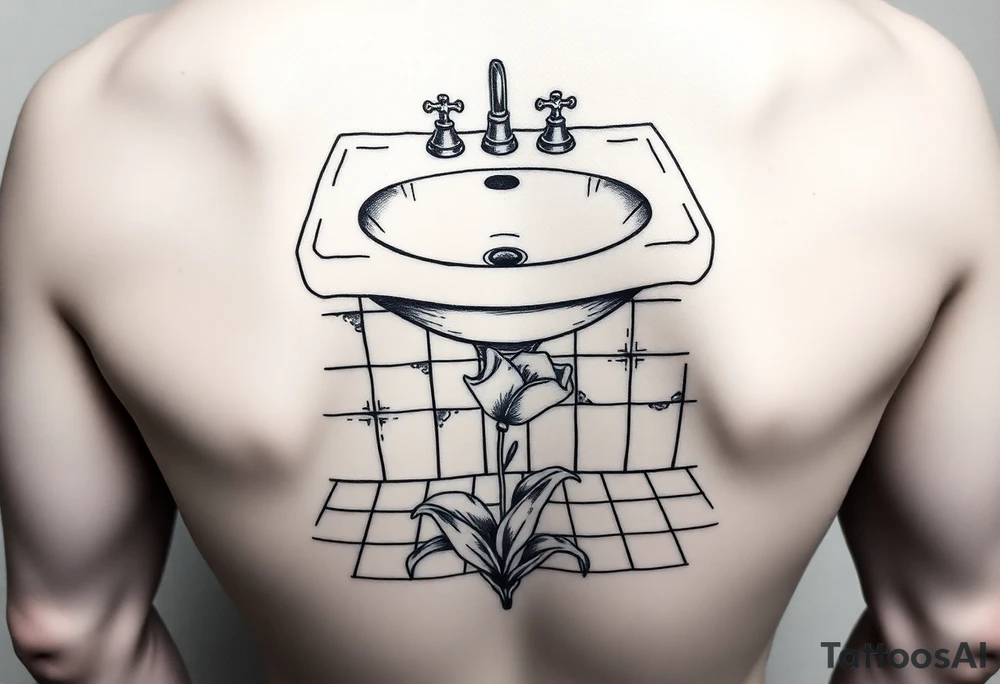 bathroom sink on tile floor with lily coming up out of the floor tattoo idea