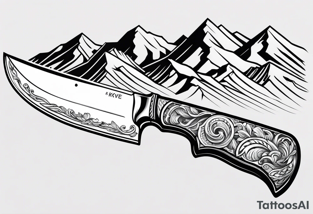 Chef knive with mountain range on the blade of the knife tattoo idea