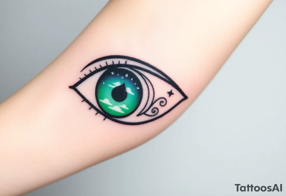 Large outline of an almond shaped eye with an ace of spades for the eyeball colored greenish blue with a crescent moon stars and clouds inside vivid colors blue green purple tattoo idea