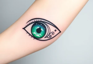 Large outline of an almond shaped eye with an ace of spades for the eyeball colored greenish blue with a crescent moon stars and clouds inside vivid colors blue green purple tattoo idea