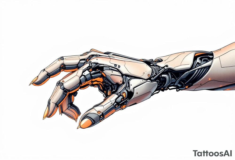A half-human, half-robot hand in skin-tone fading into steel grey with glowing orange veins. tattoo idea