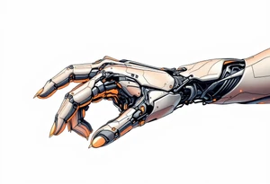 A half-human, half-robot hand in skin-tone fading into steel grey with glowing orange veins. tattoo idea