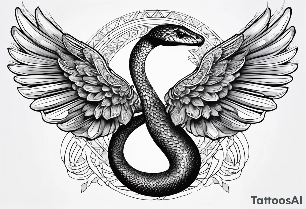 A detailed depiction of a snake with a radiant halo above its head and elegant wings extending from its sides. tattoo idea