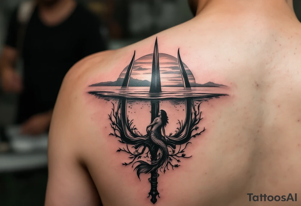 trident half way under calm water with sunset and mermaid tattoo idea