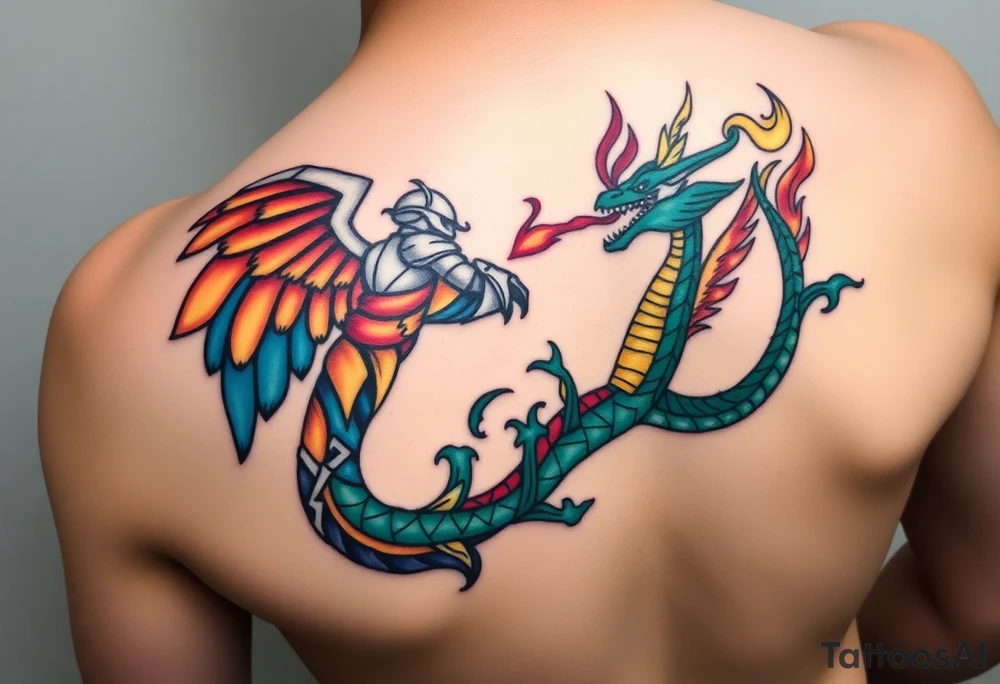 Please create a stained glass style tattoo design featuring an angel and a sea serpent battling each other. The angel should be depicted with dynamic wings and armor, and the sea serpent should have fiery breath and a menacing appearance. Both should be designed in a classic stained glass style, with bold black outlines and vibrant, rich colors. The design should reflect the detailed, intricate patterns typical of stained glass art, giving it a bold and striking visual effect tattoo idea