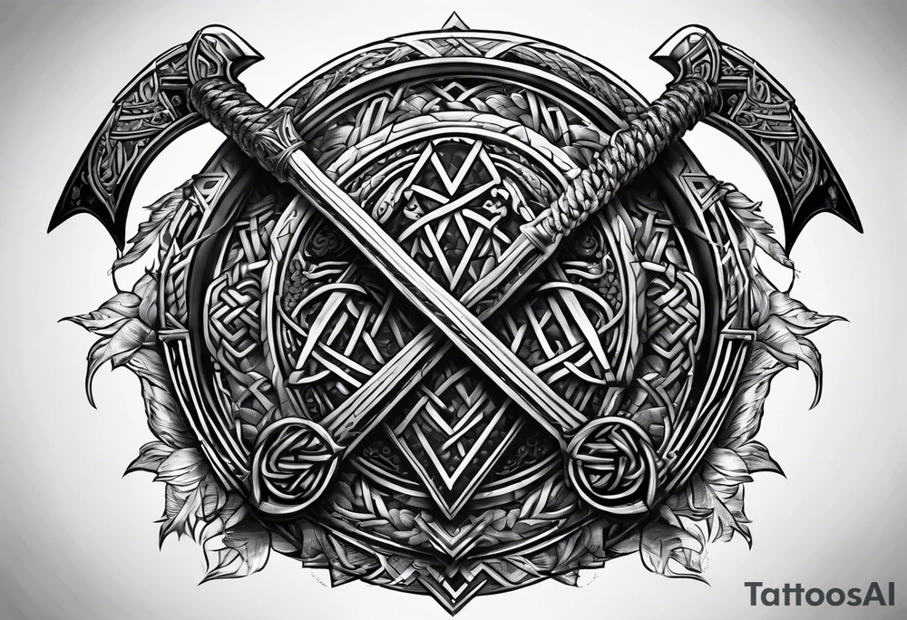 Valhalla sword shield  axe Valknut barbed wire chains tattoo idea
