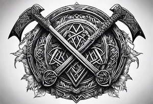 Valhalla sword shield  axe Valknut barbed wire chains tattoo idea