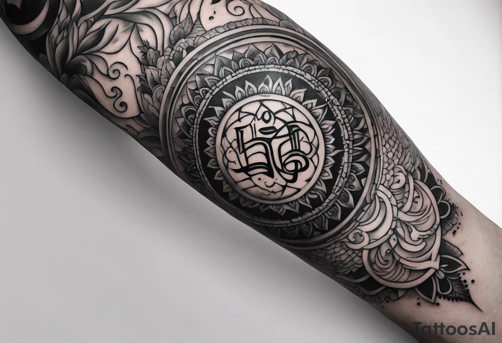 Sleeve tattoo based around Sanskrit Om symbol for breathe tattoo idea