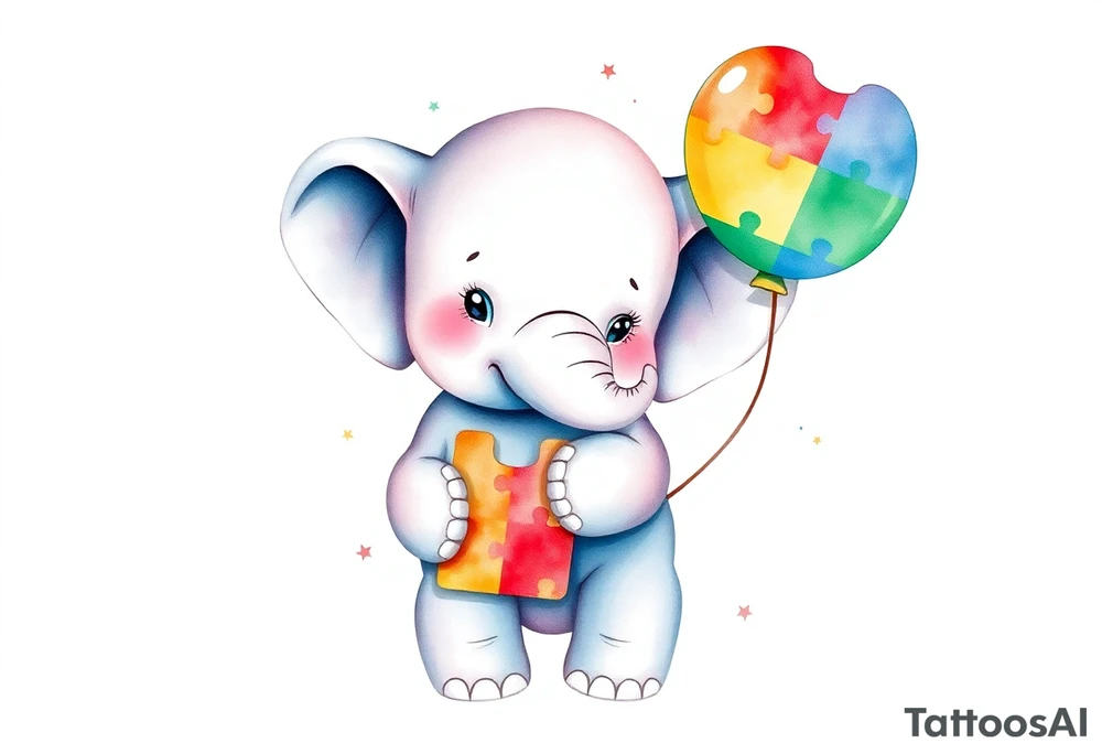 Baby elephant holding autism puzzle balloon tattoo idea