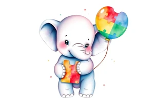 Baby elephant holding autism puzzle balloon tattoo idea