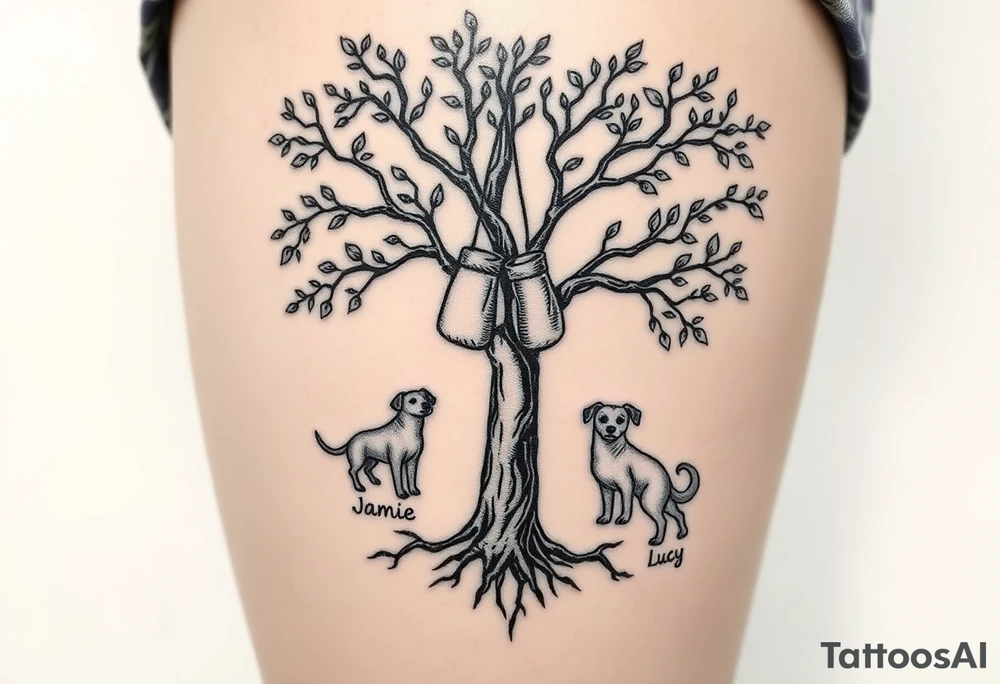 Hippy beech tree full of life. 
Jamie, Derek, Iris, John, bill, Winnie names in the roots, Mavis, Garhi, Mickey, Pam, Lucy, in the branches at the top. Names can be in Hebrew. 
Three dogs a Rhodesian Ridgeback, King Charles cavalier and chihuahua. 
Prett, feminine ornate. Boxing gloves hanging from tree tattoo idea