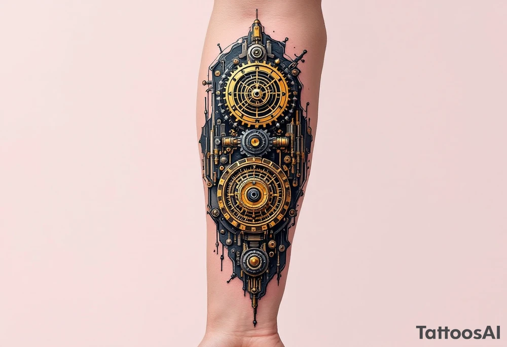 A mechanical full sleeve interface with golden clockwork gears and bronze-plated connectors visible through torn edges. tattoo idea