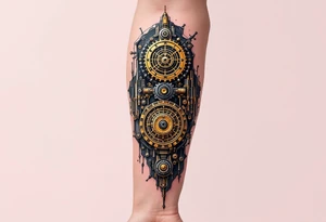A mechanical full sleeve interface with golden clockwork gears and bronze-plated connectors visible through torn edges. tattoo idea