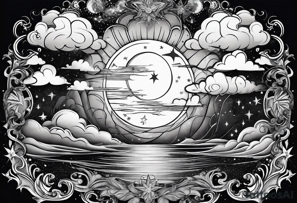 A bay wrapped in clouds and smoke with stars and sparkles and a moon tattoo idea