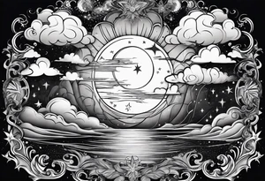 A bay wrapped in clouds and smoke with stars and sparkles and a moon tattoo idea