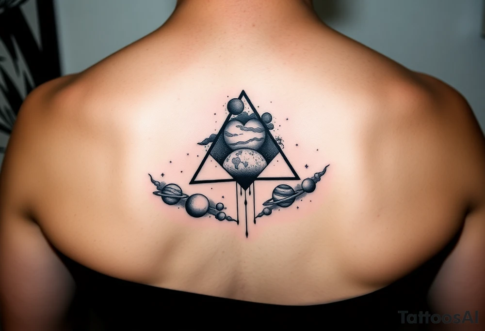 A single triangle with a heart in the center with planets and galaxy in background tattoo idea