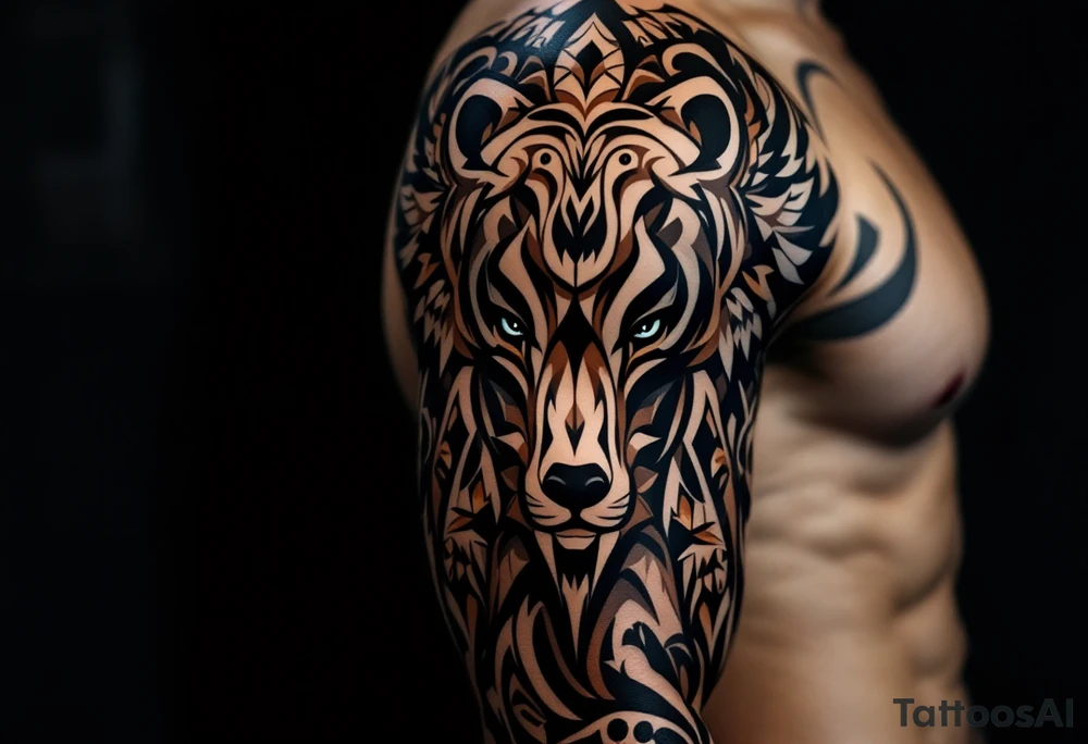 A totem of four animal totems (bear, wolf, eagle, buffalo) in earth tones, representing the medicine wheel. tattoo idea
