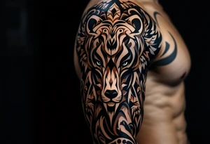 A totem of four animal totems (bear, wolf, eagle, buffalo) in earth tones, representing the medicine wheel. tattoo idea