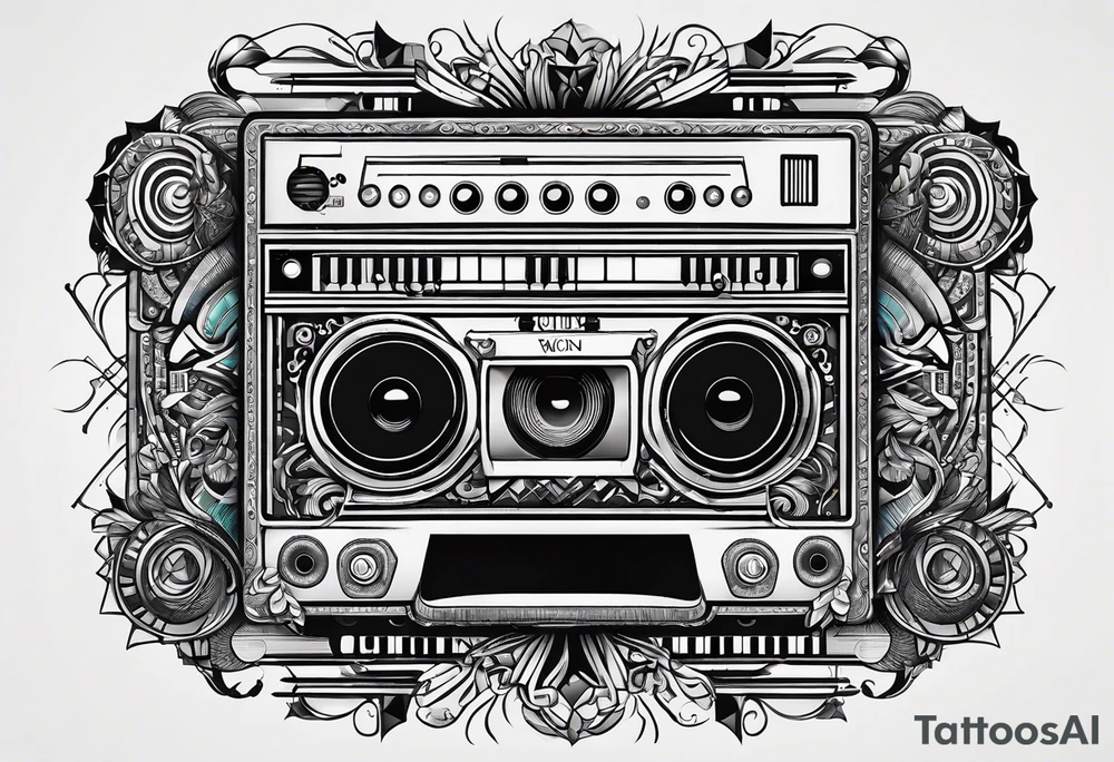 Lines and cables weave and interconnect keyboards, drums, guitars, speakers, headphones, and cassette tapes. tattoo idea