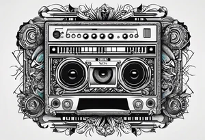 Lines and cables weave and interconnect keyboards, drums, guitars, speakers, headphones, and cassette tapes. tattoo idea
