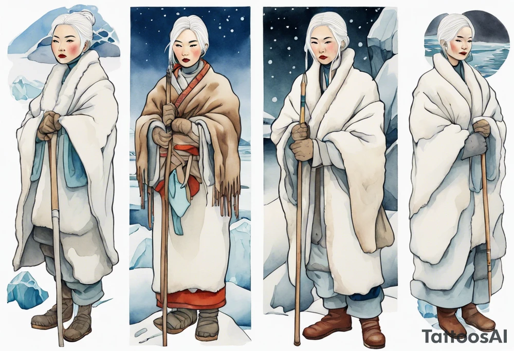 a 40 year old Inuit woman with white hair and a white robe and white mittens and mukluks holding a plain white staff, standing on an iceberg tattoo idea
