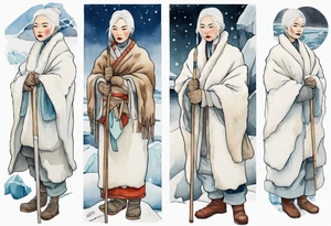 a 40 year old Inuit woman with white hair and a white robe and white mittens and mukluks holding a plain white staff, standing on an iceberg tattoo idea