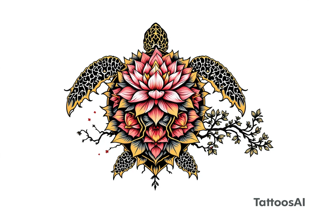 Turtle covered in lotus flowers tattoo idea