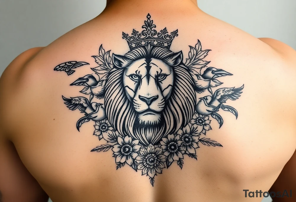 powerful majestic lion with a crown, surrounded by floral ornaments and birds tattoo idea