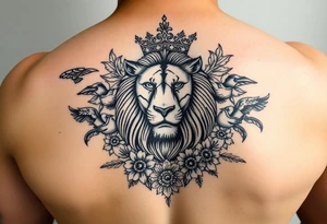 powerful majestic lion with a crown, surrounded by floral ornaments and birds tattoo idea