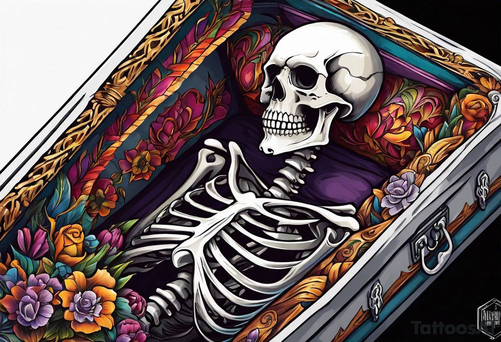 skeleton getting out of coffin tattoo idea