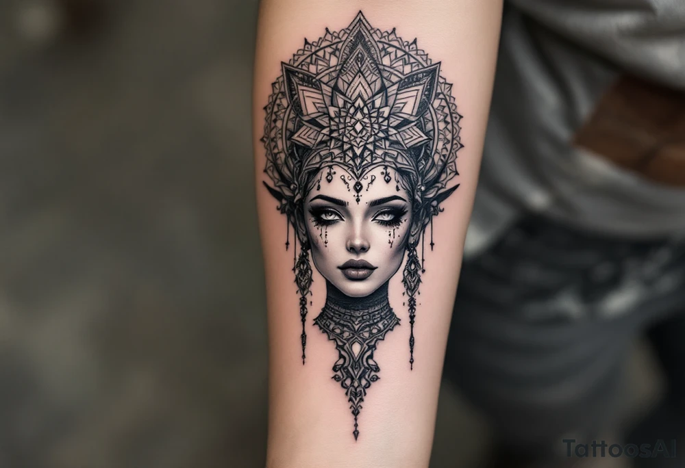 beautiful woman dmt deity with sacred geometric patterns behind head tattoo idea