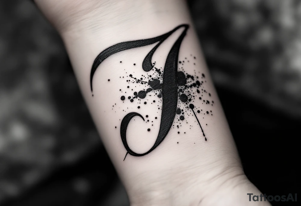 Handwritten "J" in charcoal black with soft gray shading and ink splatter. tattoo idea