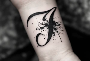 Handwritten "J" in charcoal black with soft gray shading and ink splatter. tattoo idea