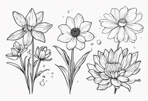 Narcissus, Chrysanthemum,
Cosmos, snow drop that shows all the flower stems for the back of the arm. Fine line. In a flower bouquet that you’ll find at a store. tattoo idea